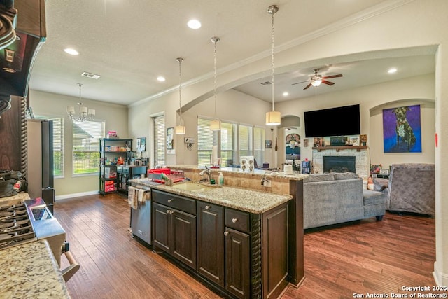 4603 Camden, San Antonio, TX 78261 - kitchen featuring ceiling fan, ornamental molding, recessed lighting, a fireplace, and dark wood-style floors