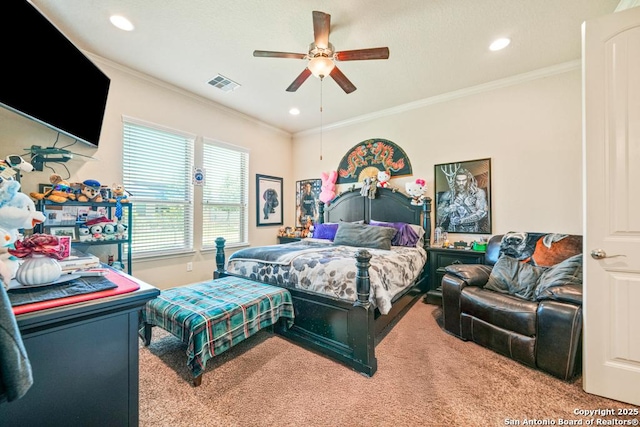 4603 Camden, San Antonio, TX 78261 - carpeted bedroom with crown molding, recessed lighting, and ceiling fan