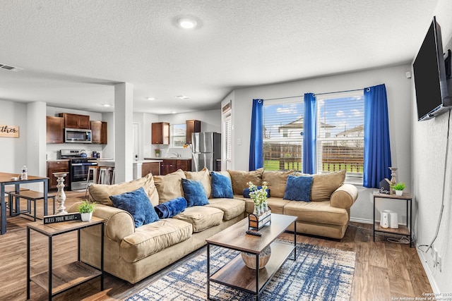 1006 Pacific Monarch, San Antonio, TX 78253 - living room featuring a textured ceiling and light wood-style floors
