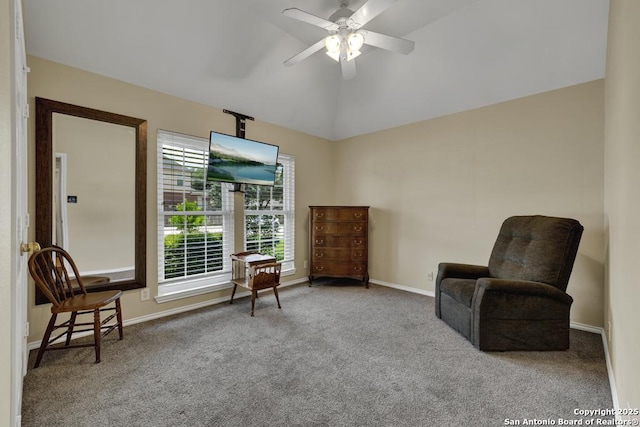 2363 Oak Pebble, New Braunfels, TX 78132 - sitting room featuring carpet floors, ceiling fan, and vaulted ceiling