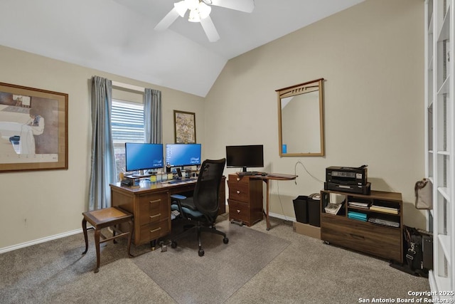 2363 Oak Pebble, New Braunfels, TX 78132 - home office featuring carpet flooring, a ceiling fan, and vaulted ceiling