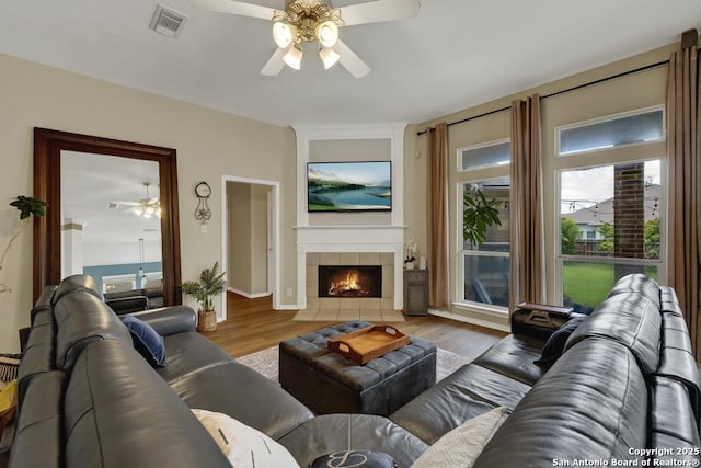 2363 Oak Pebble, New Braunfels, TX 78132 - living room featuring a ceiling fan, wood finished floors, and a fireplace