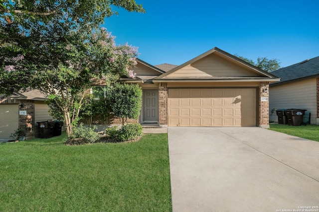 11750 Caraway, San Antonio, TX 78245 - view of front of home with brick siding, a garage, driveway, and a front yard
