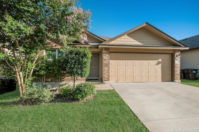 11750 Caraway, San Antonio, TX 78245 - ranch-style house with brick siding, an attached garage, concrete driveway, and a front yard