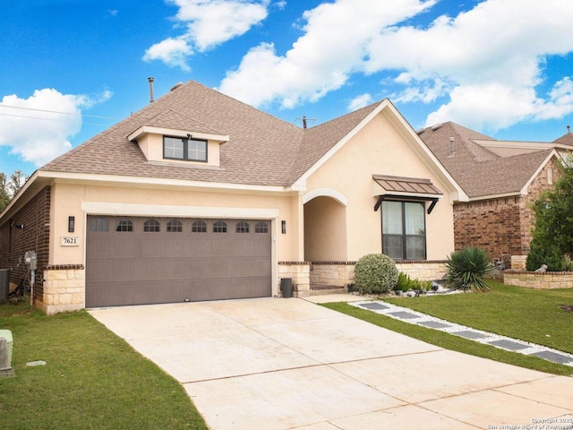 7621 Cypress, Boerne, TX 78015 - view of front of home featuring stone siding, concrete driveway, a front lawn, roof with shingles, and stucco siding