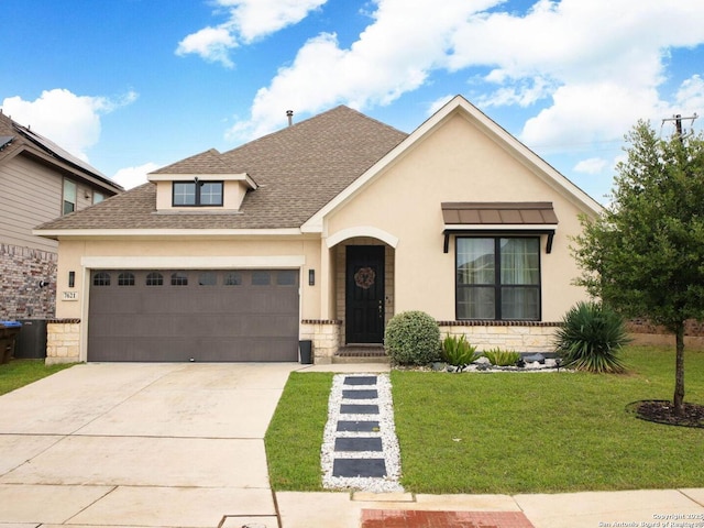 7621 Cypress, Boerne, TX 78015 - view of front of house featuring an attached garage, a front lawn, driveway, stucco siding, and roof with shingles