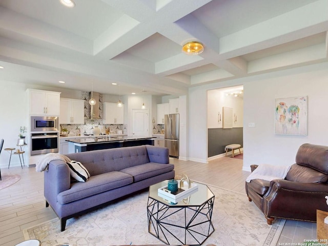 7621 Cypress, Boerne, TX 78015 - living room featuring coffered ceiling, light wood-type flooring, recessed lighting, and beam ceiling
