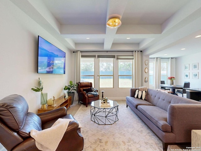 7621 Cypress, Boerne, TX 78015 - living room featuring beamed ceiling, coffered ceiling, recessed lighting, healthy amount of natural light, and light wood-style floors