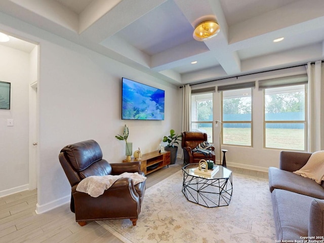 7621 Cypress, Boerne, TX 78015 - living room with coffered ceiling, light wood-style flooring, beamed ceiling, and recessed lighting