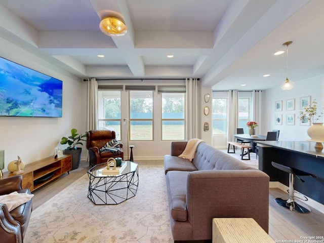 7621 Cypress, Boerne, TX 78015 - living room featuring coffered ceiling, wood finished floors, beam ceiling, plenty of natural light, and recessed lighting