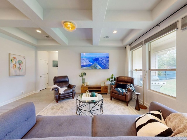 7621 Cypress, Boerne, TX 78015 - living area with coffered ceiling, beam ceiling, light wood-type flooring, and recessed lighting
