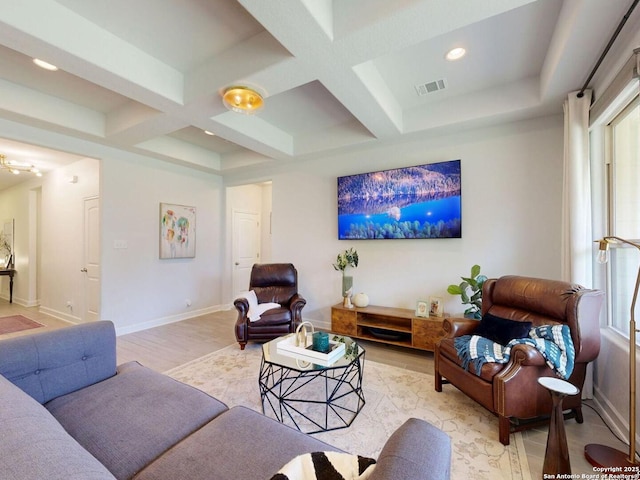 7621 Cypress, Boerne, TX 78015 - living area featuring coffered ceiling, light wood-style flooring, beam ceiling, healthy amount of natural light, and recessed lighting