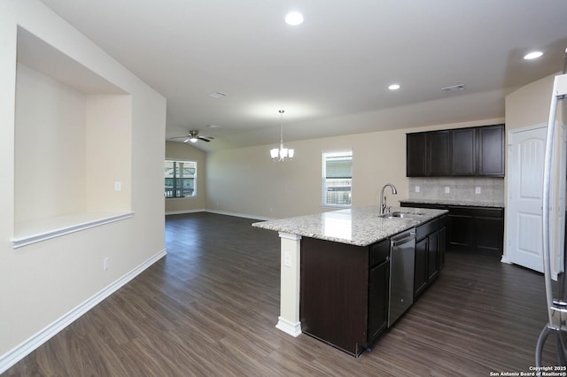 13027 Maestro Spark, San Antonio, TX 78252 - kitchen featuring dark wood-style floors, stainless steel dishwasher, backsplash, a ceiling fan, and recessed lighting