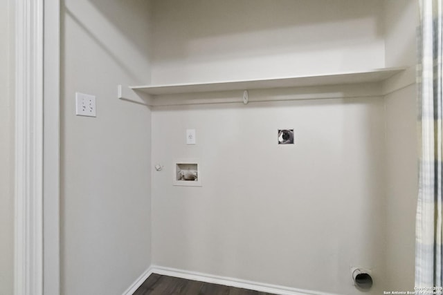 8611 Shaenfield, San Antonio, TX 78254 - laundry area with hookup for a washing machine, hookup for an electric dryer, gas dryer hookup, and dark wood-style floors