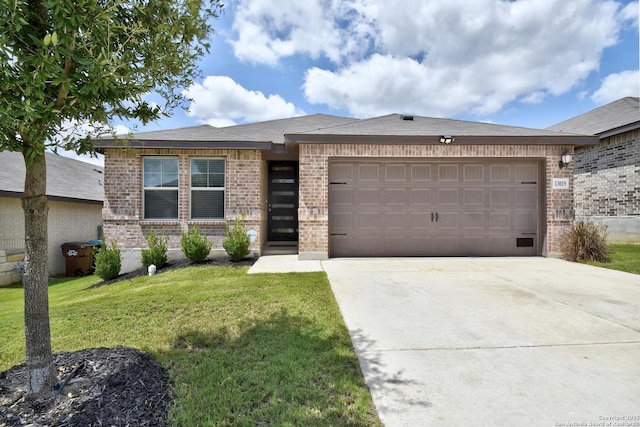 13019 Louberg, San Antonio, TX 78253 - ranch-style home with brick siding, a garage, concrete driveway, and a front lawn