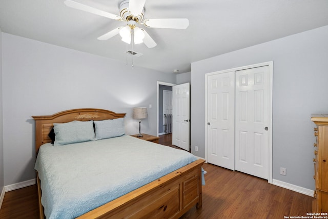 2723 Sierra Salinas, San Antonio, TX 78259 - bedroom with dark wood finished floors, a closet, and a ceiling fan
