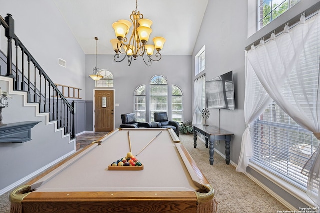 2723 Sierra Salinas, San Antonio, TX 78259 - rec room featuring high vaulted ceiling, plenty of natural light, carpet, a chandelier, and billiards table