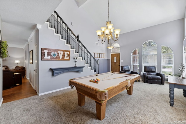 2723 Sierra Salinas, San Antonio, TX 78259 - rec room featuring carpet floors, a towering ceiling, a chandelier, and billiards