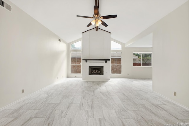 114 Crystal Cyn, Universal City, TX 78148 - unfurnished living room with a ceiling fan, a large fireplace, and high vaulted ceiling