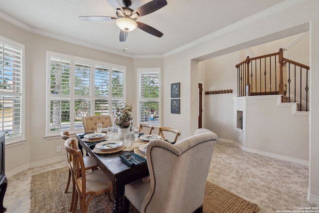 3535 Arroyo Grande, San Antonio, TX 78253 - dining room featuring plenty of natural light, a ceiling fan, crown molding, and stairway