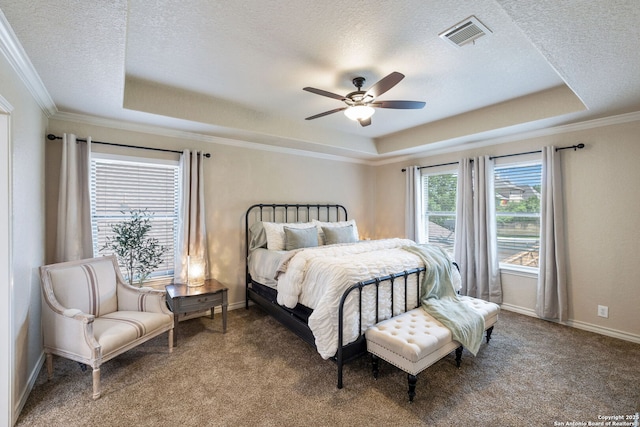 3535 Arroyo Grande, San Antonio, TX 78253 - bedroom featuring a raised ceiling, a textured ceiling, carpet floors, crown molding, and ceiling fan