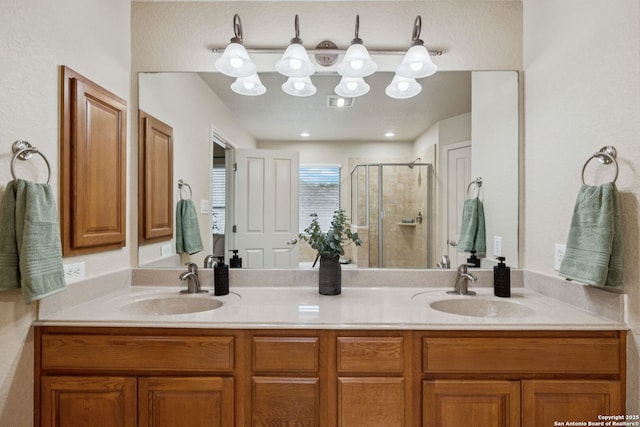 3535 Arroyo Grande, San Antonio, TX 78253 - bathroom featuring a stall shower and double vanity
