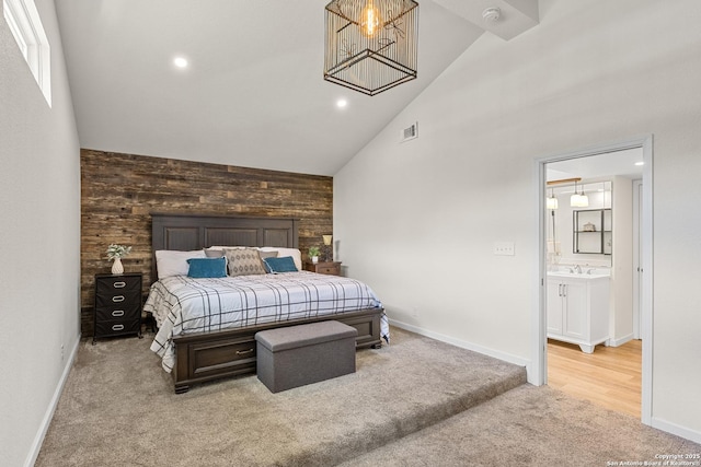 6402 Quiet Frst, San Antonio, TX 78239 - bedroom with carpet, high vaulted ceiling, wooden walls, and recessed lighting