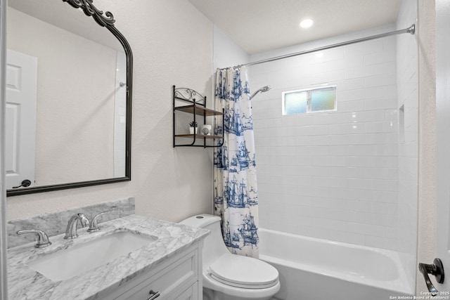 6402 Quiet Frst, San Antonio, TX 78239 - bathroom with vanity, shower / tub combo with curtain, and a textured wall