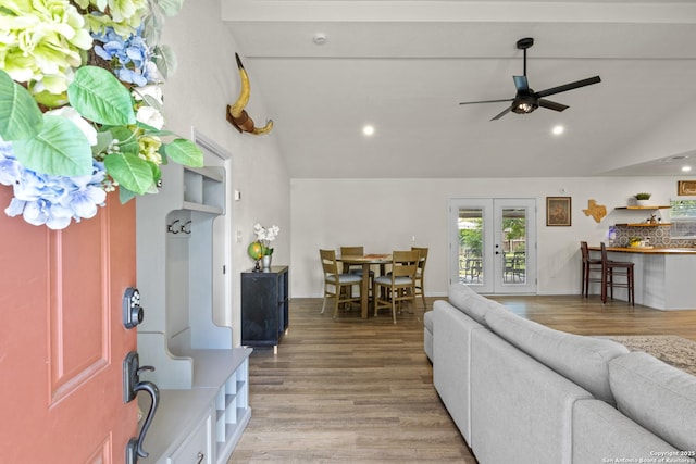 6402 Quiet Frst, San Antonio, TX 78239 - living area with vaulted ceiling, light wood-style floors, ceiling fan, french doors, and recessed lighting