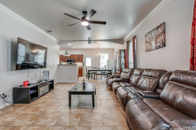 1038 Marquette, San Antonio, TX 78228 - living area featuring ornamental molding, a ceiling fan, and a chandelier
