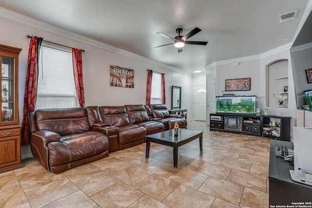 1038 Marquette, San Antonio, TX 78228 - living area with ornamental molding, a ceiling fan, and healthy amount of natural light