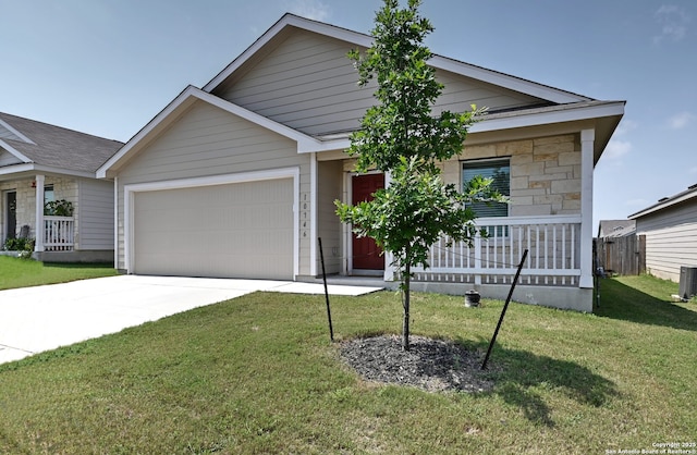 10746 Margarita Loop, Converse, TX 78109 - ranch-style house with an attached garage, driveway, a front lawn, covered porch, and stone siding