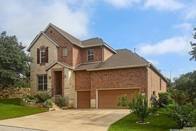 3403 Navajo Peace, San Antonio, TX 78261 - traditional-style home featuring driveway, a front yard, stone siding, a shingled roof, and an attached garage