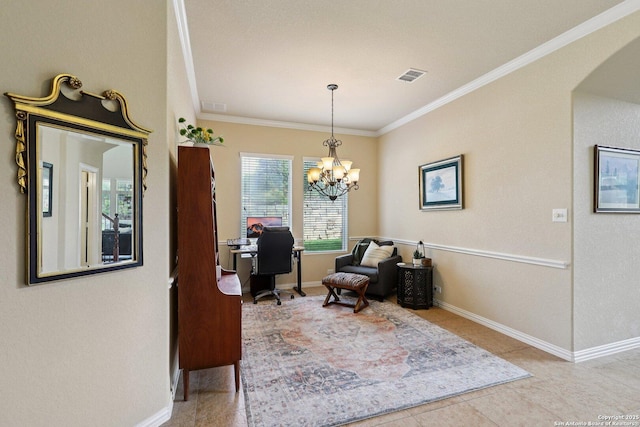 3403 Navajo Peace, San Antonio, TX 78261 - living area featuring crown molding, an office area, a chandelier, arched walkways, and tile patterned flooring