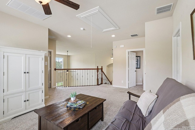 3403 Navajo Peace, San Antonio, TX 78261 - living area featuring attic access, light carpet, ceiling fan, and recessed lighting