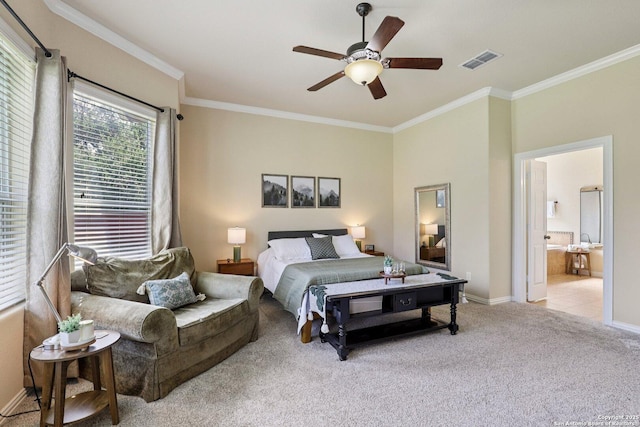 3403 Navajo Peace, San Antonio, TX 78261 - carpeted bedroom with ornamental molding, ceiling fan, and connected bathroom