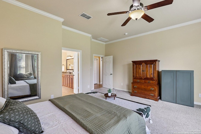 3403 Navajo Peace, San Antonio, TX 78261 - bedroom featuring light carpet, ornamental molding, a ceiling fan, and ensuite bathroom
