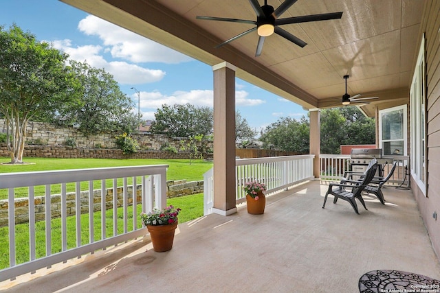 3403 Navajo Peace, San Antonio, TX 78261 - porch with a ceiling fan, a fenced backyard, and area for grilling