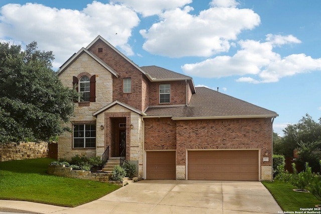 3403 Navajo Peace, San Antonio, TX 78261 - view of front of property with driveway, a shingled roof, stone siding, a front lawn, and an attached garage