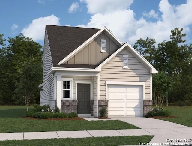 5222 Thistle Pl, San Antonio, TX 78222 - craftsman-style house featuring board and batten siding, brick siding, concrete driveway, a front lawn, and a garage