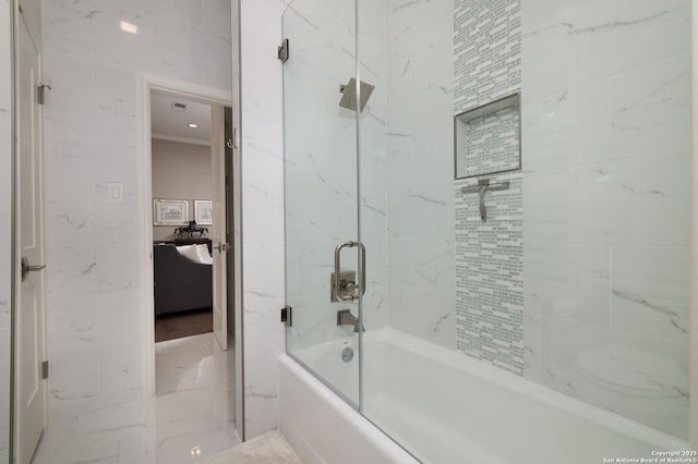 19727 La Sierra Blvd, San Antonio, TX 78256 - bathroom featuring combined bath / shower with glass door, crown molding, tile walls, and vanity
