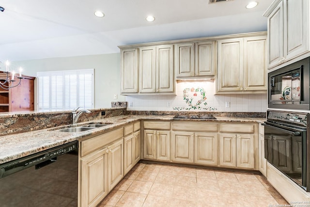 2430 Trace Oak, San Antonio, TX 78232 - kitchen featuring black appliances, stone counters, recessed lighting, backsplash, and light tile patterned floors