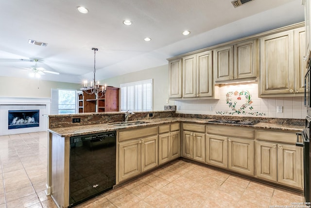 2430 Trace Oak, San Antonio, TX 78232 - kitchen with black dishwasher, dark stone counters, a peninsula, a ceiling fan, and recessed lighting