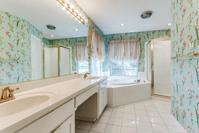 2430 Trace Oak, San Antonio, TX 78232 - bathroom with wallpapered walls, a stall shower, a garden tub, tile patterned flooring, and double vanity