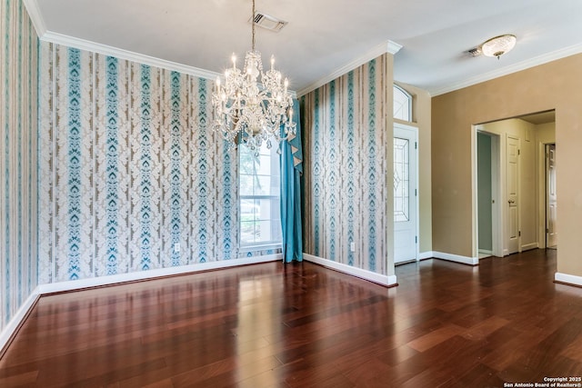 2430 Trace Oak, San Antonio, TX 78232 - unfurnished room with wallpapered walls, ornamental molding, a chandelier, and wood finished floors