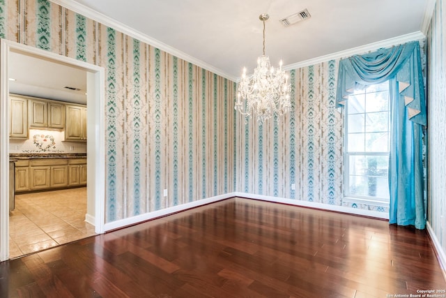 2430 Trace Oak, San Antonio, TX 78232 - unfurnished dining area with a chandelier, wood finished floors, wallpapered walls, ornamental molding, and healthy amount of natural light
