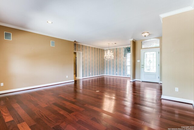 2430 Trace Oak, San Antonio, TX 78232 - spare room with a chandelier, ornamental molding, wood finished floors, wallpapered walls, and recessed lighting