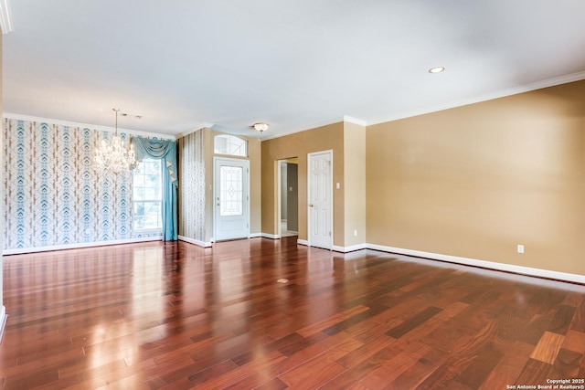 2430 Trace Oak, San Antonio, TX 78232 - unfurnished room featuring wallpapered walls, a chandelier, crown molding, and wood finished floors