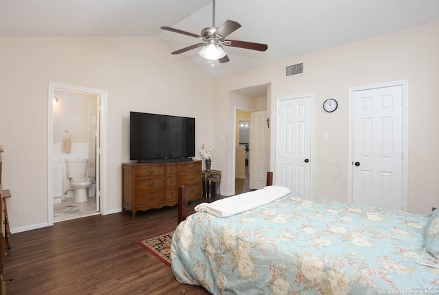 13111 Burgundy Pt, San Antonio, TX 78217 - bedroom featuring dark wood finished floors, lofted ceiling, multiple closets, ensuite bath, and ceiling fan