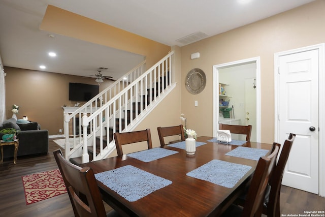 13111 Burgundy Pt, San Antonio, TX 78217 - dining room featuring stairway, wood finished floors, a ceiling fan, and recessed lighting